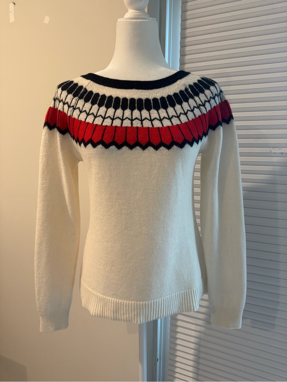 The Limited Wool Blend Size L Fair Isle Yoke Pullover Sweater Cream Red Navy